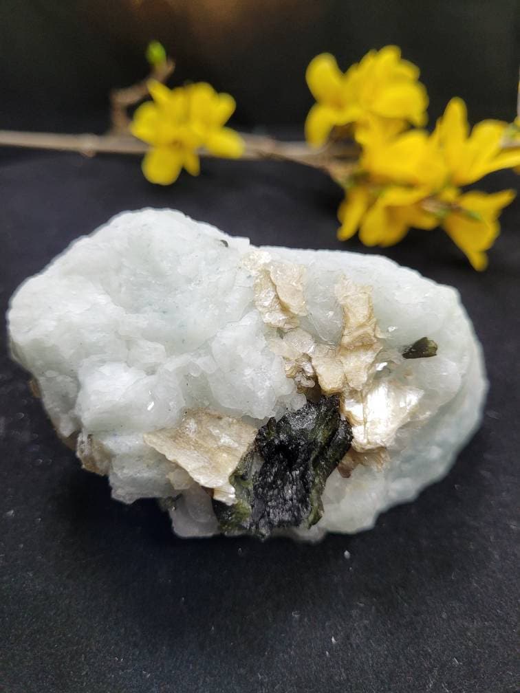 Cleavelandite with Albite, Golden Mica, Green and Black Tourmaline Chunk