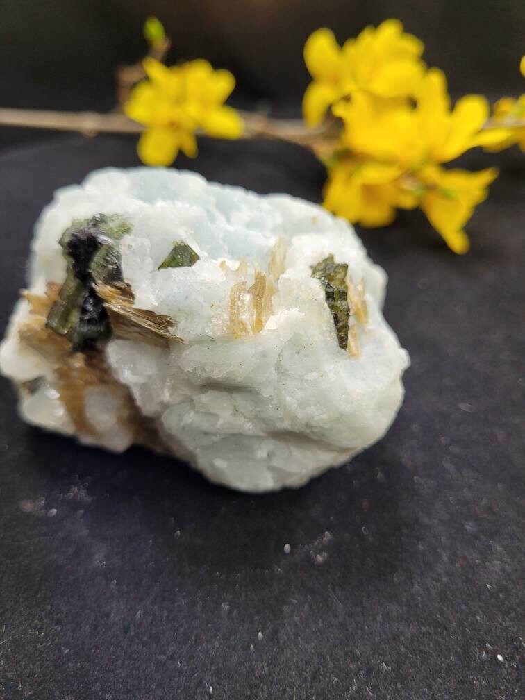 Cleavelandite with Albite, Golden Mica, Green and Black Tourmaline Chunk